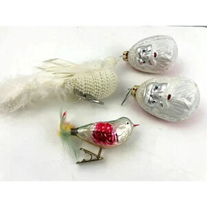 4x Christmas Ornaments Mercury Glass Hand Blown Santa Pearl Feather Dove RARE
